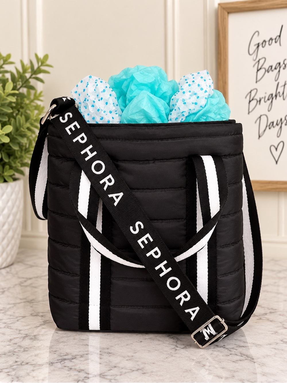 Sephora Black Quilted Puffer Tote Crossbody Bag Logo Strap